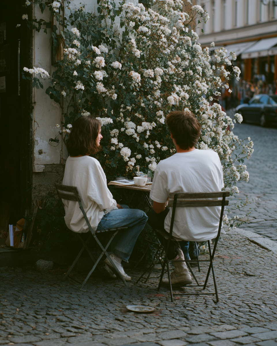 A imagem retrata um ambiente de café ao ar livre, onde duas pessoas estão sentadas em cadeiras de metal, em frente a uma mesa pequena. Ao fundo, uma densa vegetação de flores brancas se destaca contra a parede desgastada. A paleta de cores é predominantemente neutra, com tons terrosos e verdes, contrastando com o branco das flores. A cena é envolta em uma luz suave, sugerindo um clima tranquilo e relaxante.